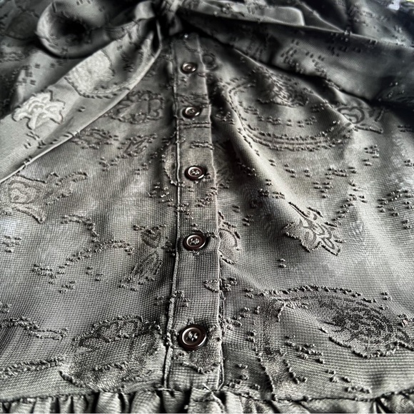 Women’s Black Sheer Embroidered Mini Dress Ruffle Hem Long Sleeve Button Up - Picture 5 of 15